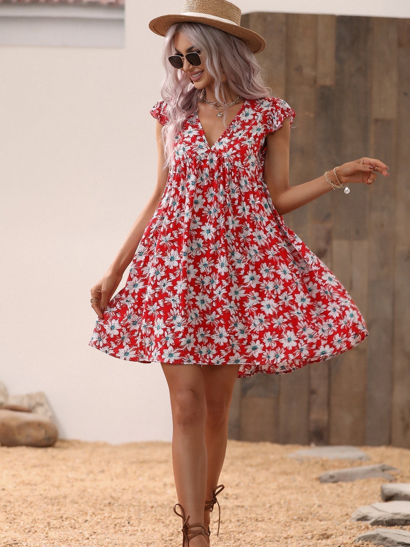 Allover Print V Neck Smocked Flare Dress