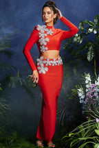 Therak Red Flower Bandage Maxi Dress Set