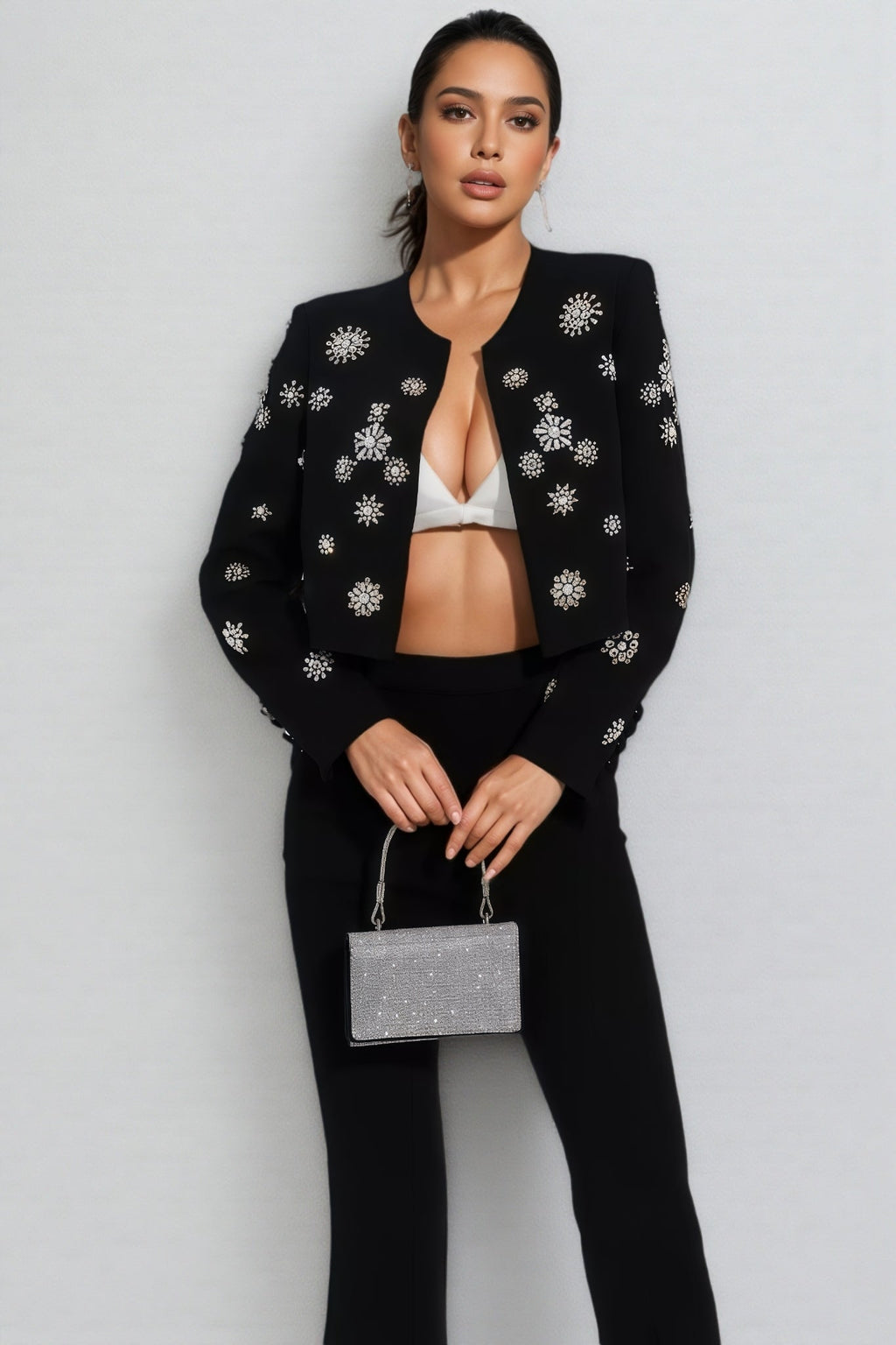 Reyna Black Crystal Pearl Blazer Set