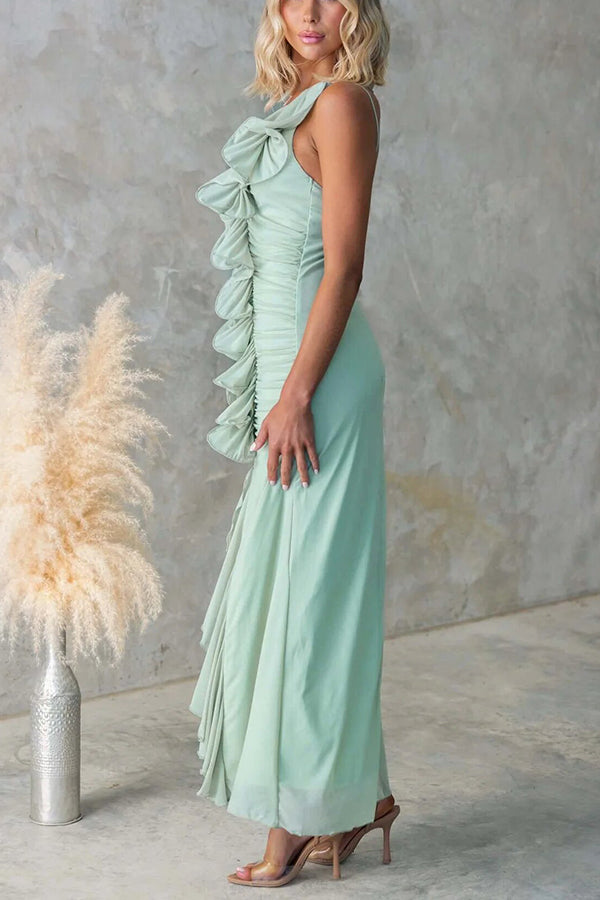Fashion One-shoulder Pleated Sexy High Slit Slim Dress