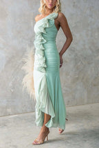 Fashion One-shoulder Pleated Sexy High Slit Slim Dress