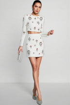 Tovake White Crystal Embellished Mini Dress Set