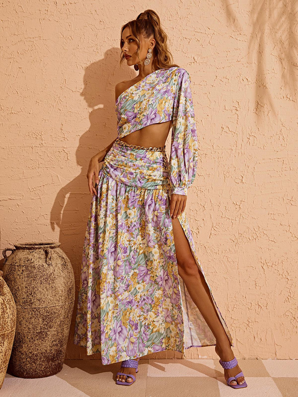 Annabella One Shoulder Floral Cutout Maxi Dress In Purple