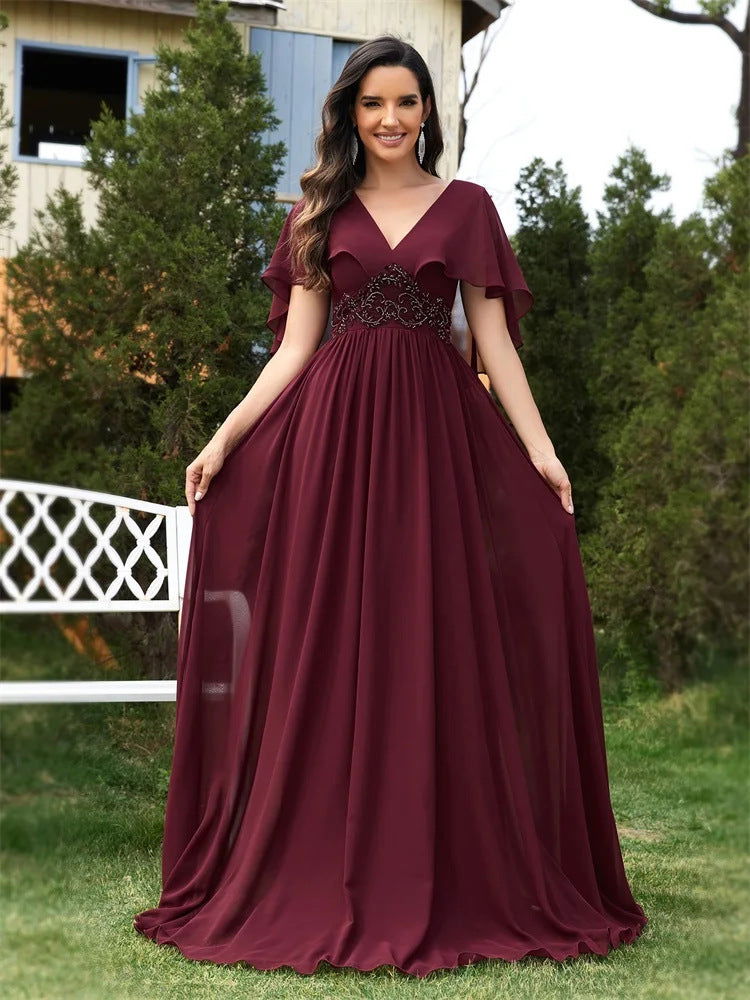 Applique Chiffon Green Evening Dress Slim Fit Flared Sleeves Bridesmaid Dress Cocktail