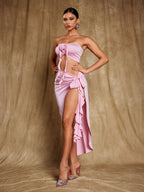 Flower Draped Split Skirt Set In Pink