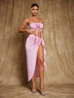 Flower Draped Split Skirt Set In Pink