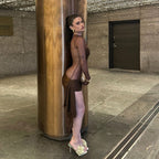 Arrival Mesh Hollow Out Cutout Pleated round Neck Slim Fit Long Sleeved Dress