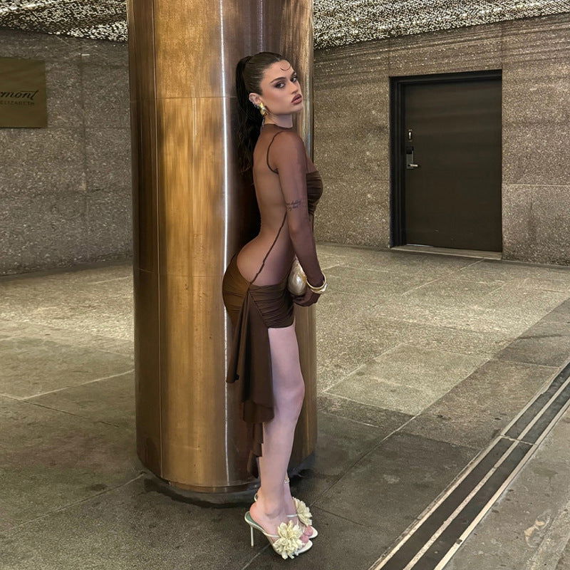 Arrival Mesh Hollow Out Cutout Pleated round Neck Slim Fit Long Sleeved Dress