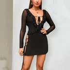 Arrival Mesh Split Stringy Selvedge Dress Backless Lace up Hip Bag Long Sleeve