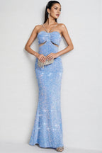 Verze Blue Sequins Halter Maxi Dress