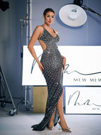 Backless Rhinsetone Cutout Maxi Dress