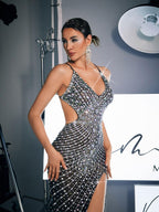 Backless Rhinsetone Cutout Maxi Dress