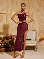 Backless Split Velvet Midi Dress