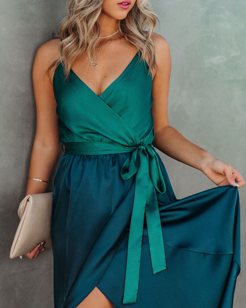 Ansley Satin Colorblock High Low Maxi Dress Green Navy