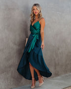 Ansley Satin Colorblock High Low Maxi Dress Green Navy
