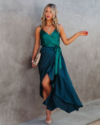 Ansley Satin Colorblock High Low Maxi Dress Green Navy