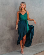 Ansley Satin Colorblock High Low Maxi Dress Green Navy