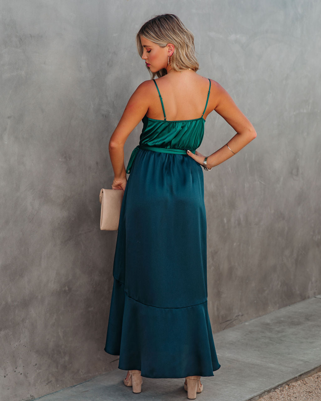 Ansley Satin Colorblock High Low Maxi Dress Green Navy