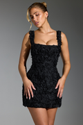 Vania Minimalist Floral Lace Up Square Neck Mini Dress in Black Boutique Collection