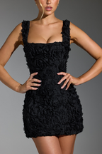 Vania Minimalist Floral Lace Up Square Neck Mini Dress in Black Boutique Collection