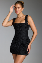 Vania Minimalist Floral Lace Up Square Neck Mini Dress in Black Boutique Collection