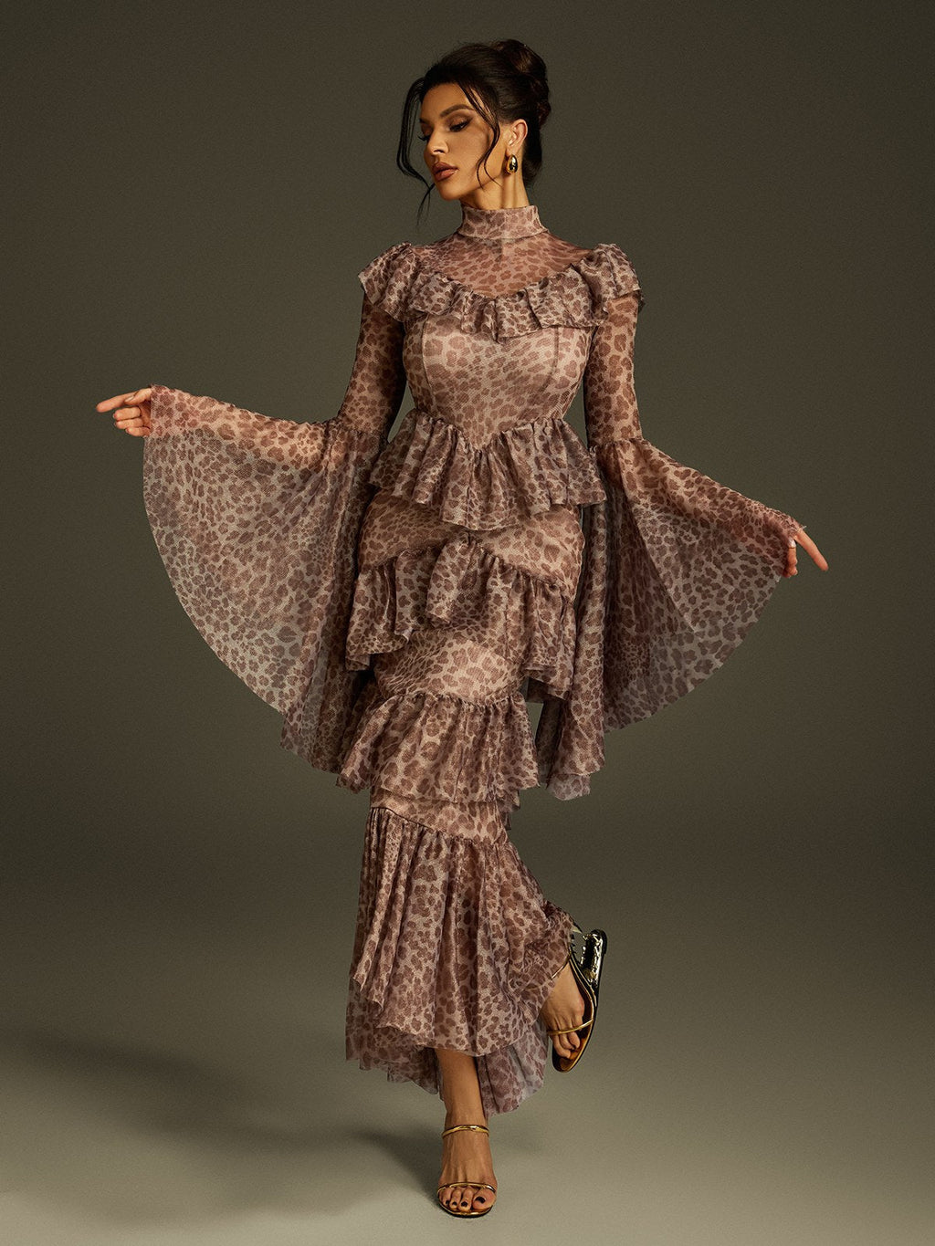 Bell Sleeve Leopard Midi Dress