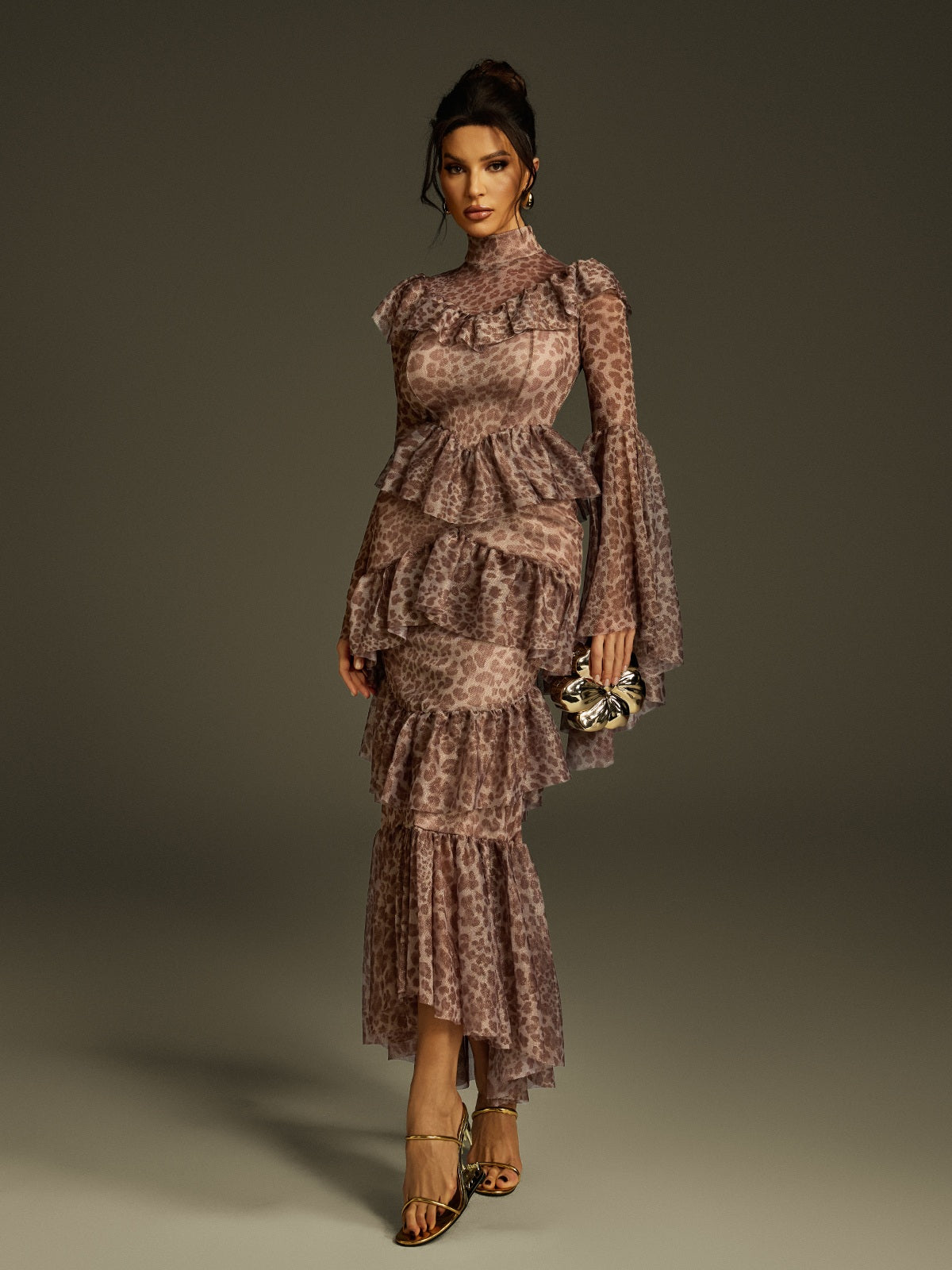 Bell Sleeve Leopard Midi Dress