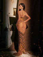Cutout Embellished Mesh Maxi Dress