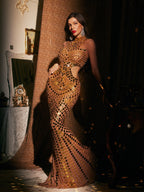 Cutout Embellished Mesh Maxi Dress