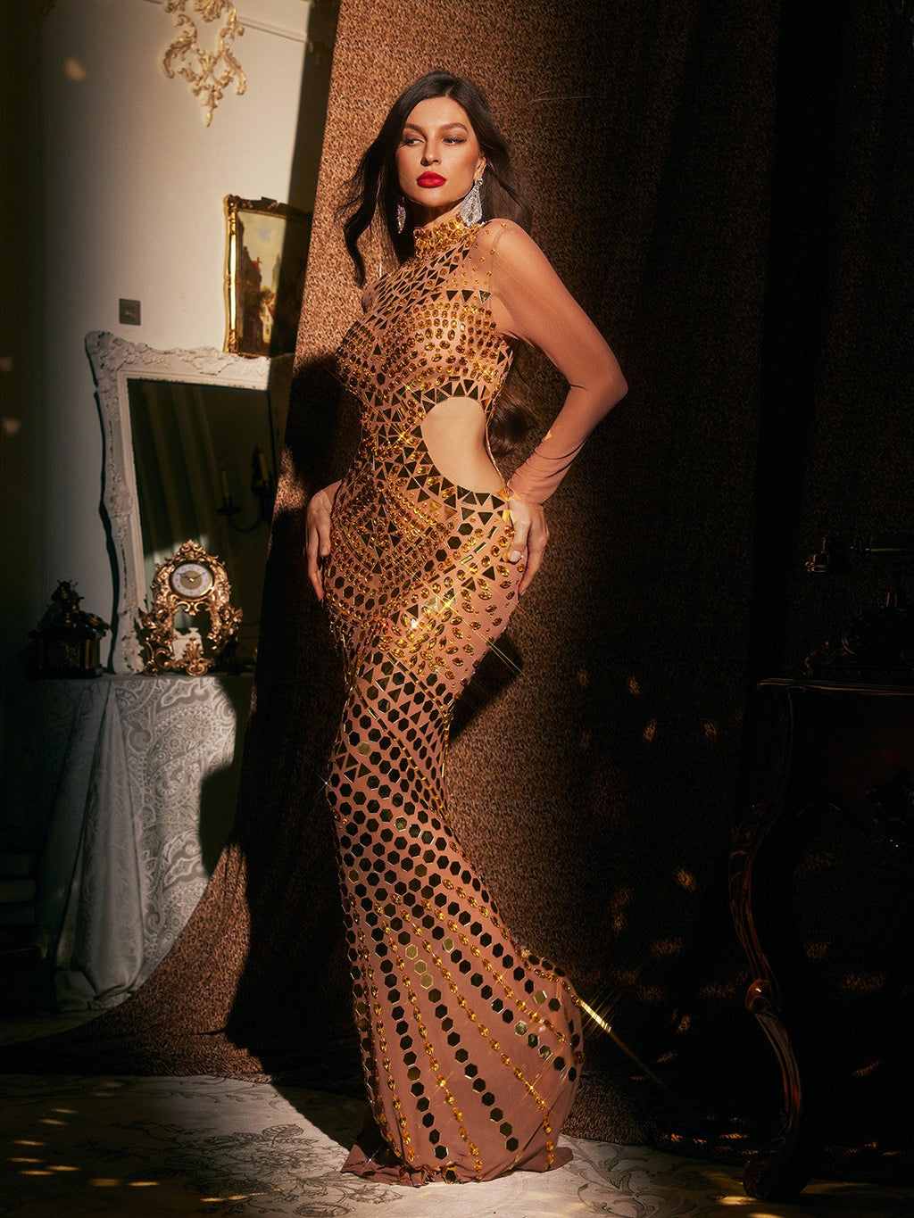Cutout Embellished Mesh Maxi Dress