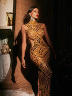 Cutout Embellished Mesh Maxi Dress