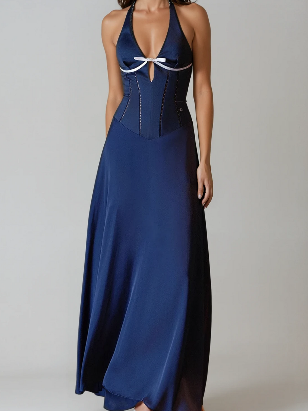 Halterneck Bow Corset Satin Maxi Dress