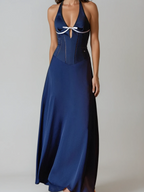Halterneck Bow Corset Satin Maxi Dress
