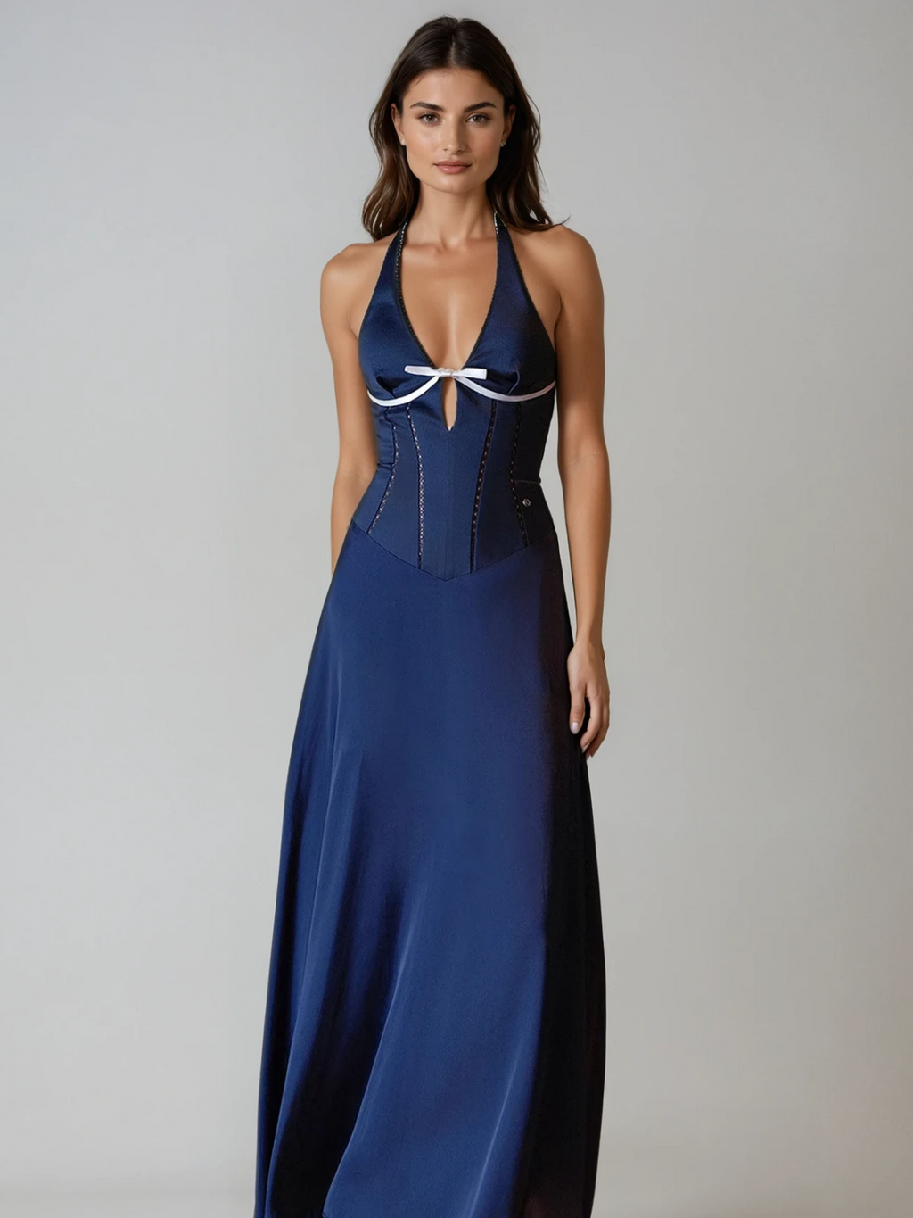 Halterneck Bow Corset Satin Maxi Dress