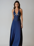 Halterneck Bow Corset Satin Maxi Dress