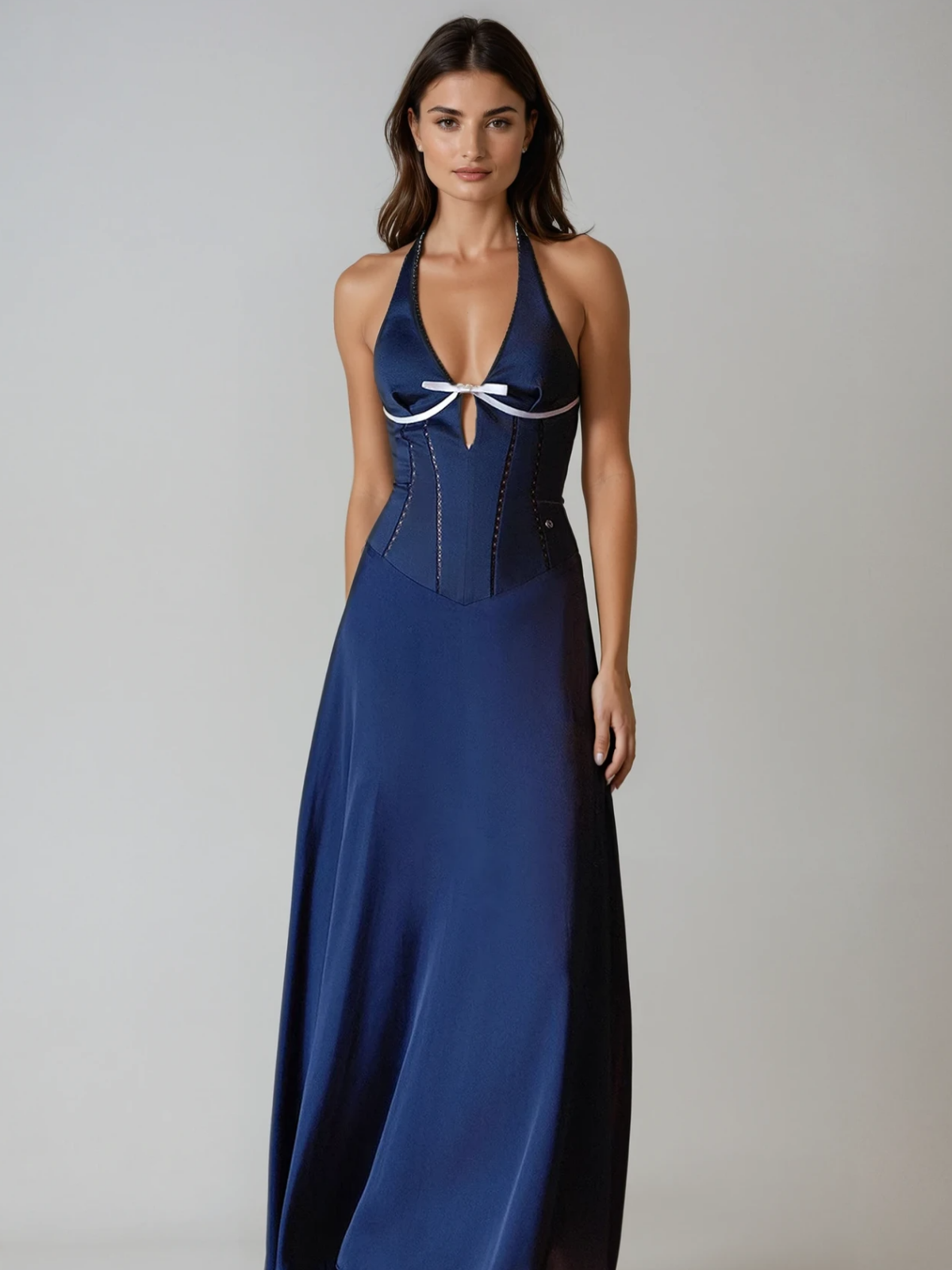 Halterneck Bow Corset Satin Maxi Dress