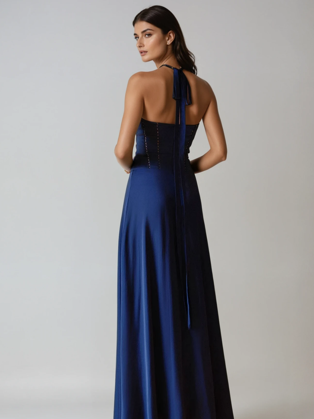 Halterneck Bow Corset Satin Maxi Dress