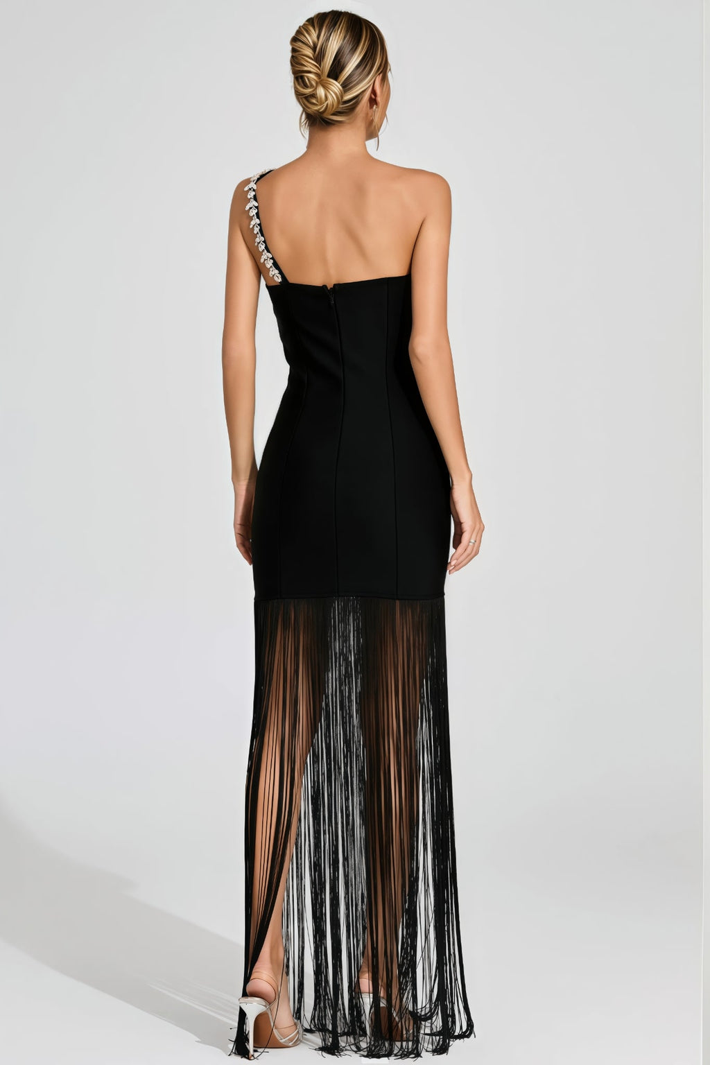 Astradt Black One Shoulder Fringe Maxi Dress