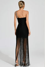 Astradt Black One Shoulder Fringe Maxi Dress