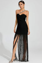 Astradt Black One Shoulder Fringe Maxi Dress