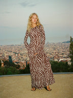 DressBetty - 2024 Spring Zebra Print Long Sleeve Flared Cuff Round Collar Floral Dress