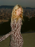 DressBetty - 2024 Spring Zebra Print Long Sleeve Flared Cuff Round Collar Floral Dress
