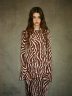 DressBetty - 2024 Spring Zebra Print Long Sleeve Flared Cuff Round Collar Floral Dress