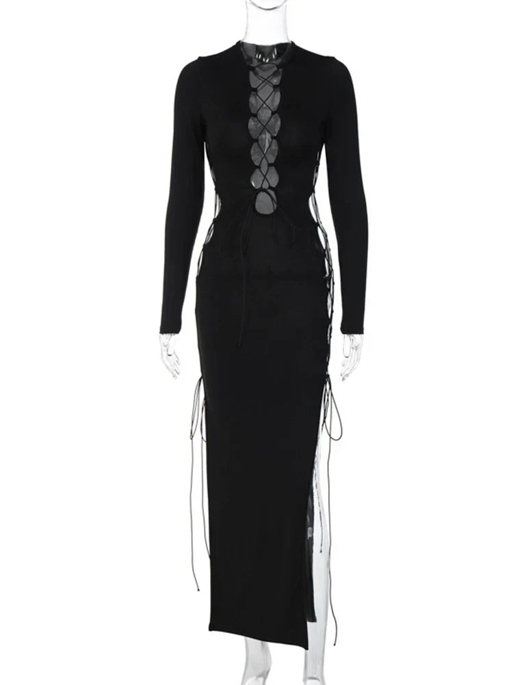 Autumn Y2K Hollow Out ONeck Side Slit Club Streetwear Midi Dresses