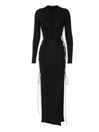 Autumn Y2K Hollow Out ONeck Side Slit Club Streetwear Midi Dresses