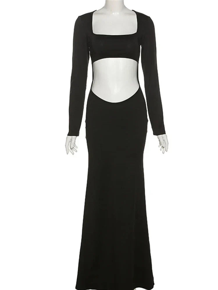 Autumn Solid Color Hollow Out Elegant Midnight Night Hot Midi Dresses