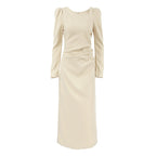 Casual Elegant Irregular Asymmetric Collar Puff Sleeve Tight Split Dress Khaki Maxi Dress