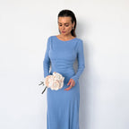 Fresh Blue Slim Fit Design Knitted Sunken Stripe Round Neck Straight Split Dress