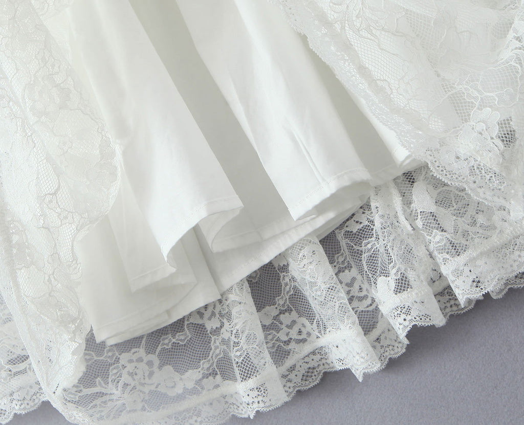 Lace Stitching Elegant Lady Lotus Rhizome Node Solid Color Dress Short Dress