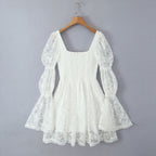 Lace Stitching Elegant Lady Lotus Rhizome Node Solid Color Dress Short Dress